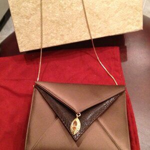Judith Leiber Brown Satin and Leather Strap Bag with Citrine